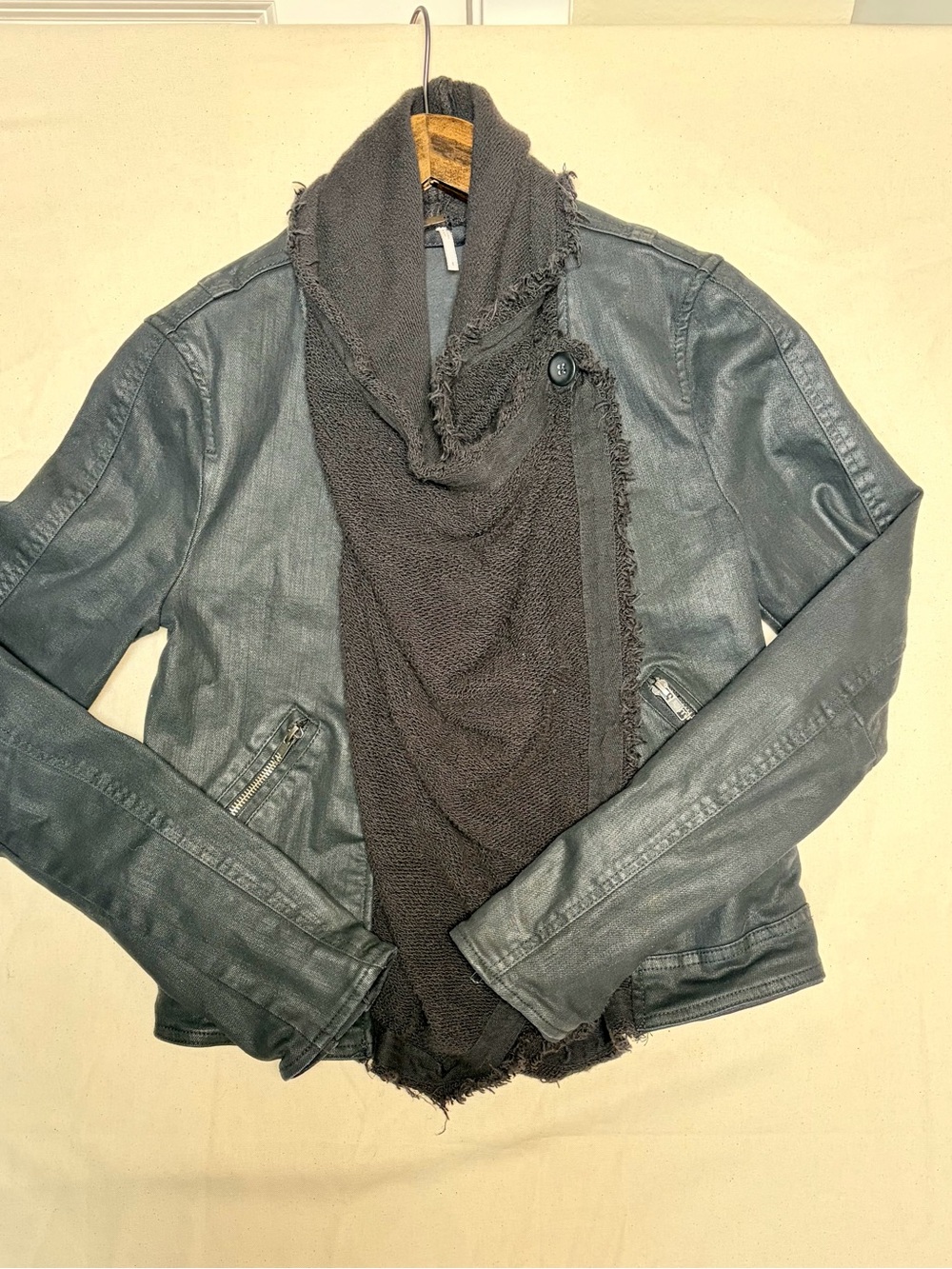 Free People Moto Waxed Denim Jacket with Cowl